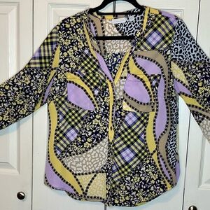 New York and company purple and yellow patterned blouse